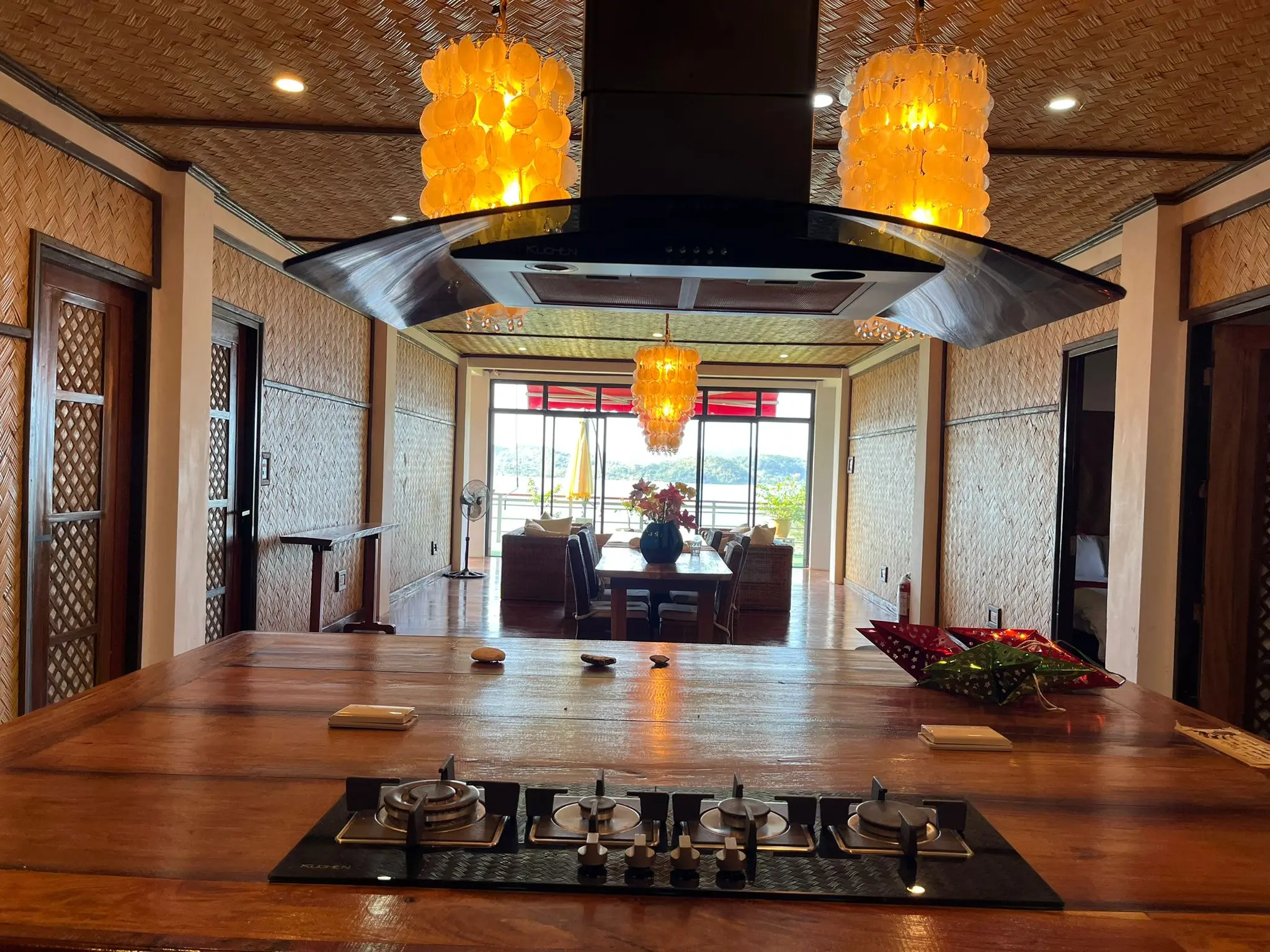 Elegant hotel lobby with tropical decor